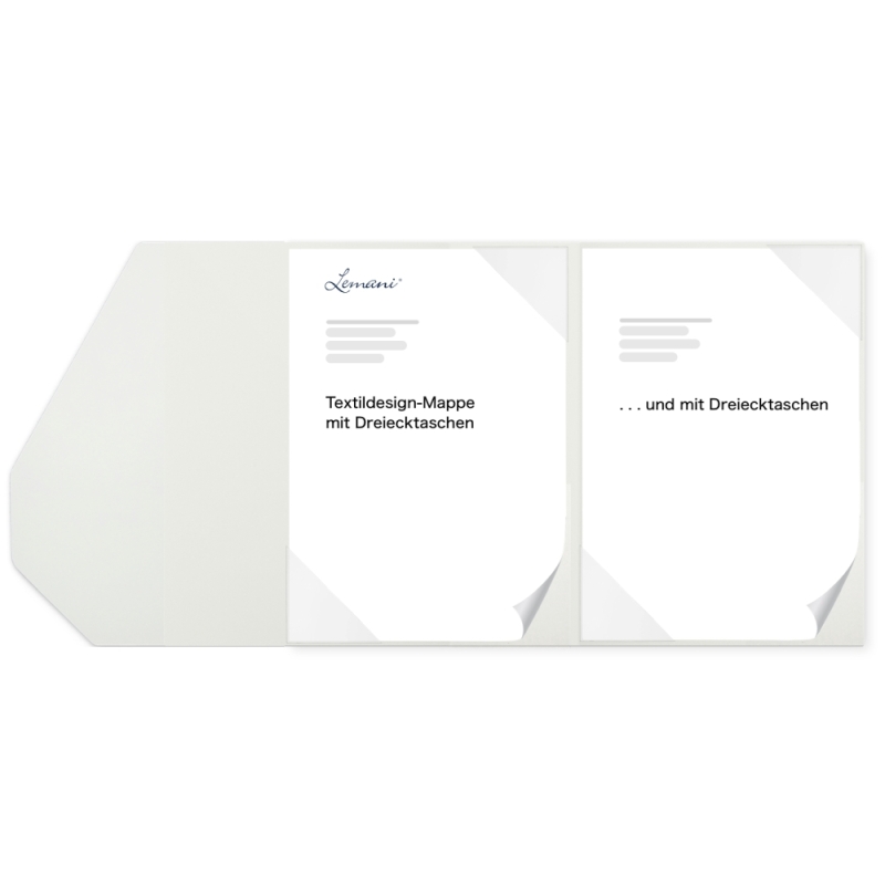 Premium Karton-Mappe 2-teilig in pearl white mit 2 Seiten Dreiecktaschen und eleganter Verschlusslasche