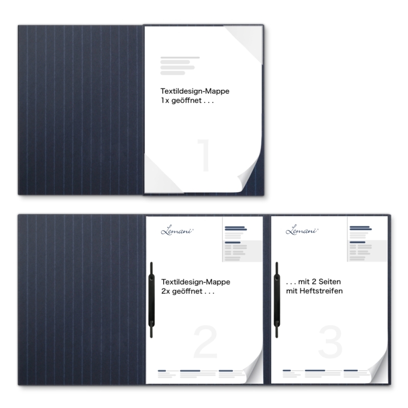 Premium Karton-Mappe mit Nadelstreifen-Design 3-teilig in navy blue mit Dreiecktaschen (re.) und 2 Heftstreifen