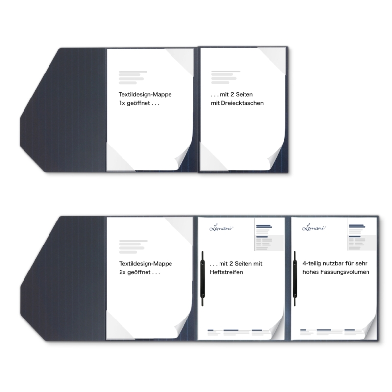 Premium Karton-Mappe mit Nadelstreifen-Design 4-teilig in navy blue mit 2 Seiten Dreiecktaschen, 2 Heftstreifen und elegantem Steckverschluss