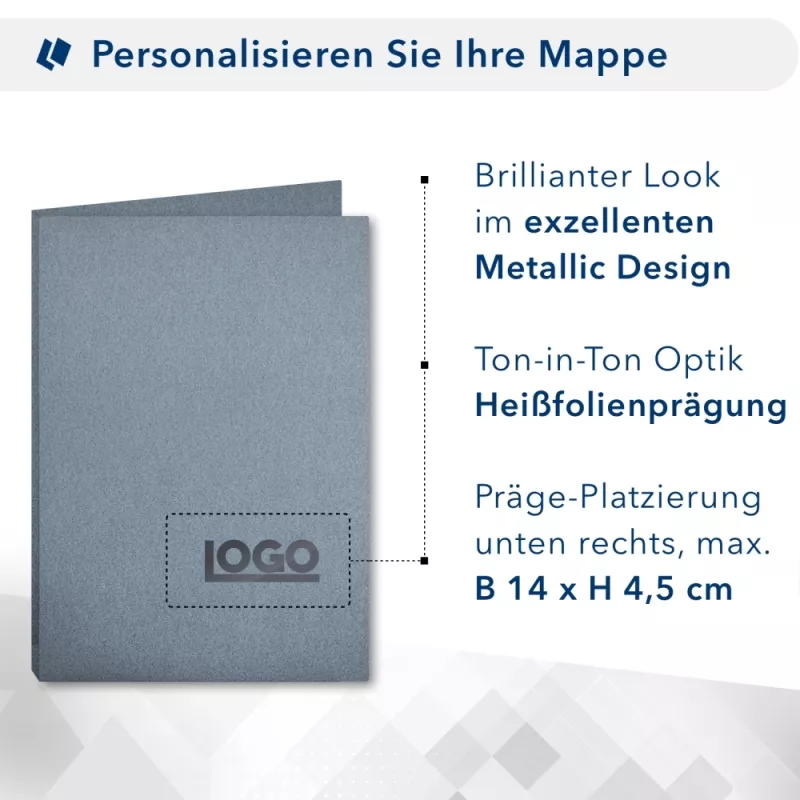 Karton-Mappe mit Metallic-Effekt 2-teilig in Zink mit Dreiecktaschen und 1 Heftstreifen