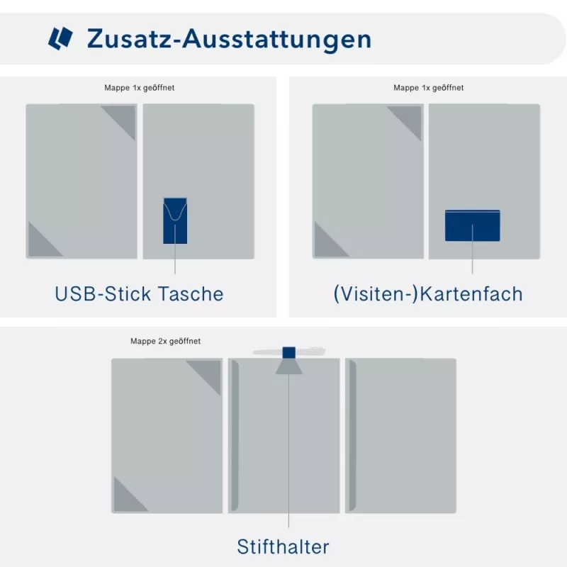 Karton-Mappe mit Metallic-Effekt 3-teilig in Zink mit Dreiecktaschen (li.) und 2 Klemmschienen