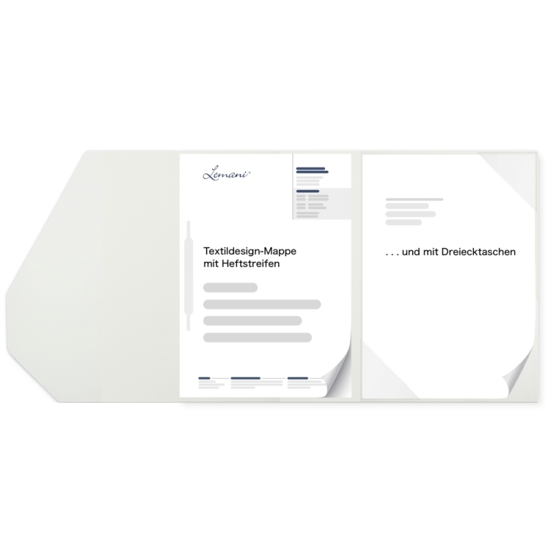 Premium Karton-Mappe 2-teilig in pearl white mit 1 Heftstreifen und Dreiecktaschen und eleganter Verschlusslasche