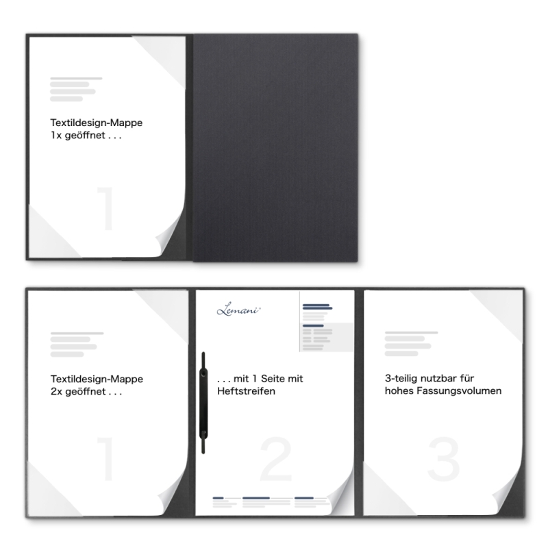 Premium Karton-Mappe 3-teilig in dark grey mit 2 Seiten Dreiecktaschen und 1 Heftstreifen