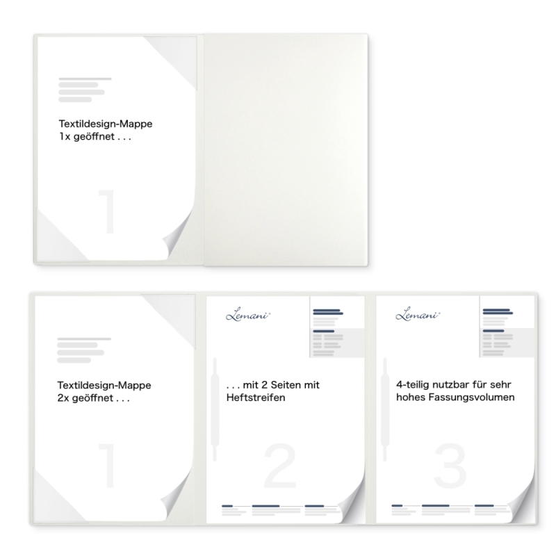 Premium Karton-Mappe 3-teilig in pearl white mit Dreiecktaschen (li.) und 2 Heftstreifen