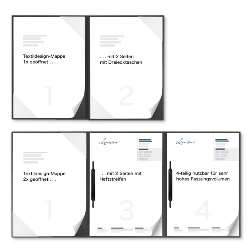 Premium Karton-Mappe 4-teilig in dark grey mit 2 Seiten Dreiecktaschen und 2 Heftstreifen