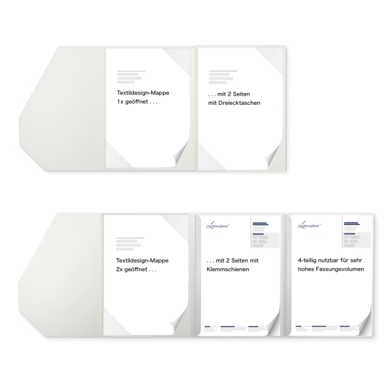 Premium Karton-Mappe 4-teilig in pearl white mit 2 Seiten Dreiecktaschen, 2 Klemmschienen und elegantem Steckverschluss