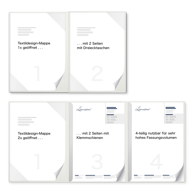 Premium Karton-Mappe 4-teilig in pearl white mit 2 Seiten Dreiecktaschen und 2 Klemmschienen